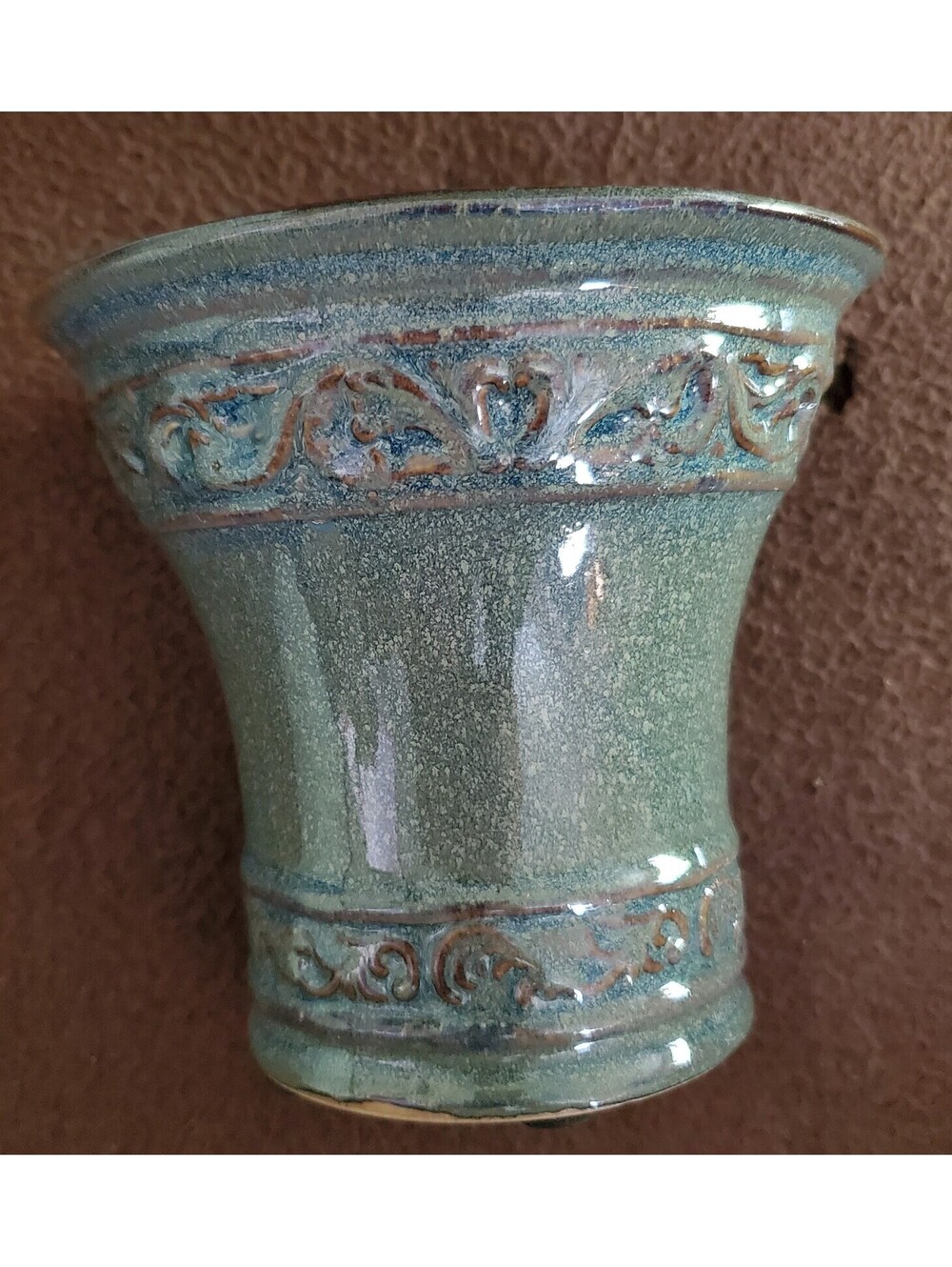 Pottery Vessel,scroll Design,green/brown